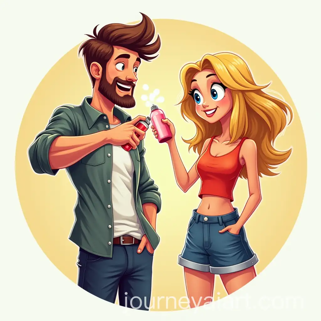 Casual-Man-Playfully-Spraying-Cologne-Next-to-Blonde-Girl-in-Short-Skirt