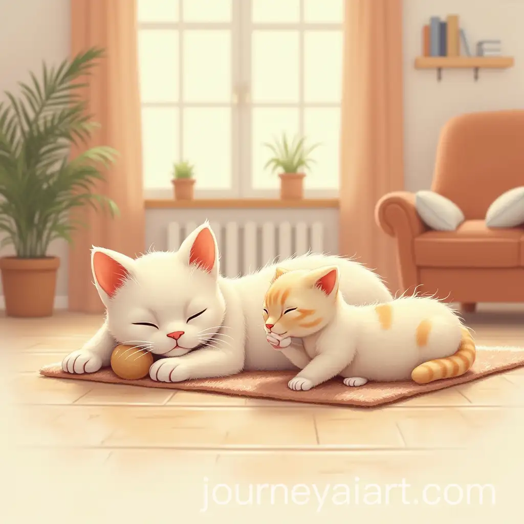 Sleeping-Cat-and-Playful-Kittens-in-Cozy-Room-with-Soft-Colors