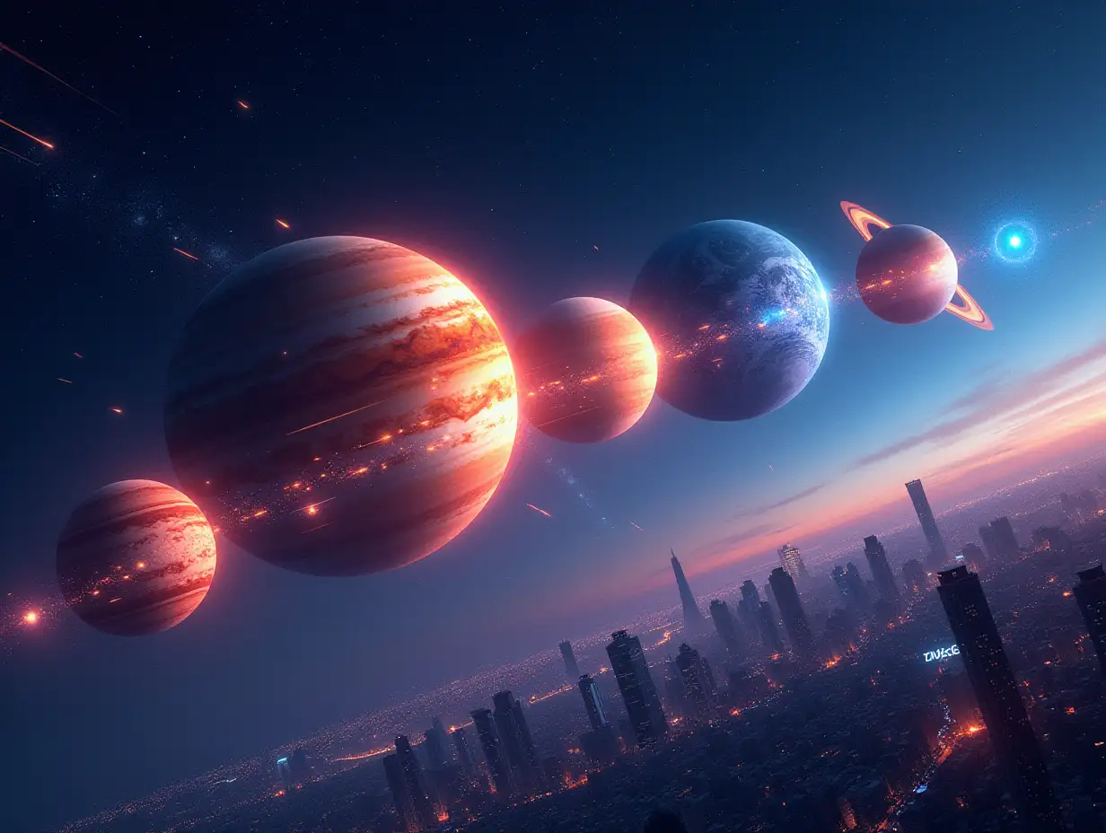 A stunning and colorful poster showcasing a parade of planets illuminating the night sky in 2024. In the foreground, the planets are depicted in their respective sizes and colors, with Jupiter's vibrant reds and oranges contrasting against the cool blues and whites of Saturn. Shooting stars streak across the sky, adding a touch of excitement and wonder. The background features a cityscape with towering buildings, illuminated by the celestial display. The overall atmosphere of the poster is one of awe and inspiration.