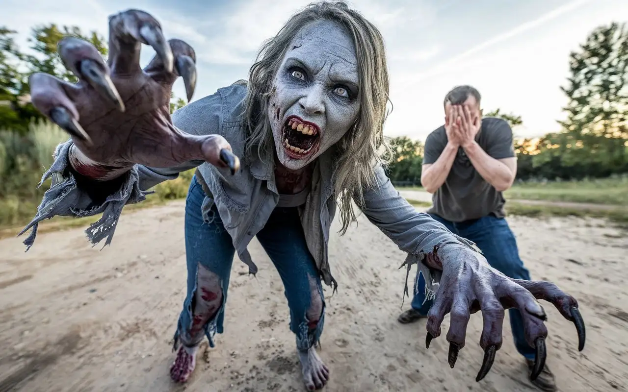 A terrifying scene from a nightmare: a hideous, ugly female zombie with gray skin, claw-like nails on her hands and feet, long claws on her toes, and a wide-open mouth exposing a row of sharp, pointed teeth resembling fangs. The zombie is dressed in torn clothes, without shoes, she approaches the man and attack him with two clawed hands, the man gets to cover himself with his hands, as in the TV series 'The Walking Dead'. Photo. First-person view, full-length photo.  Wide-angle