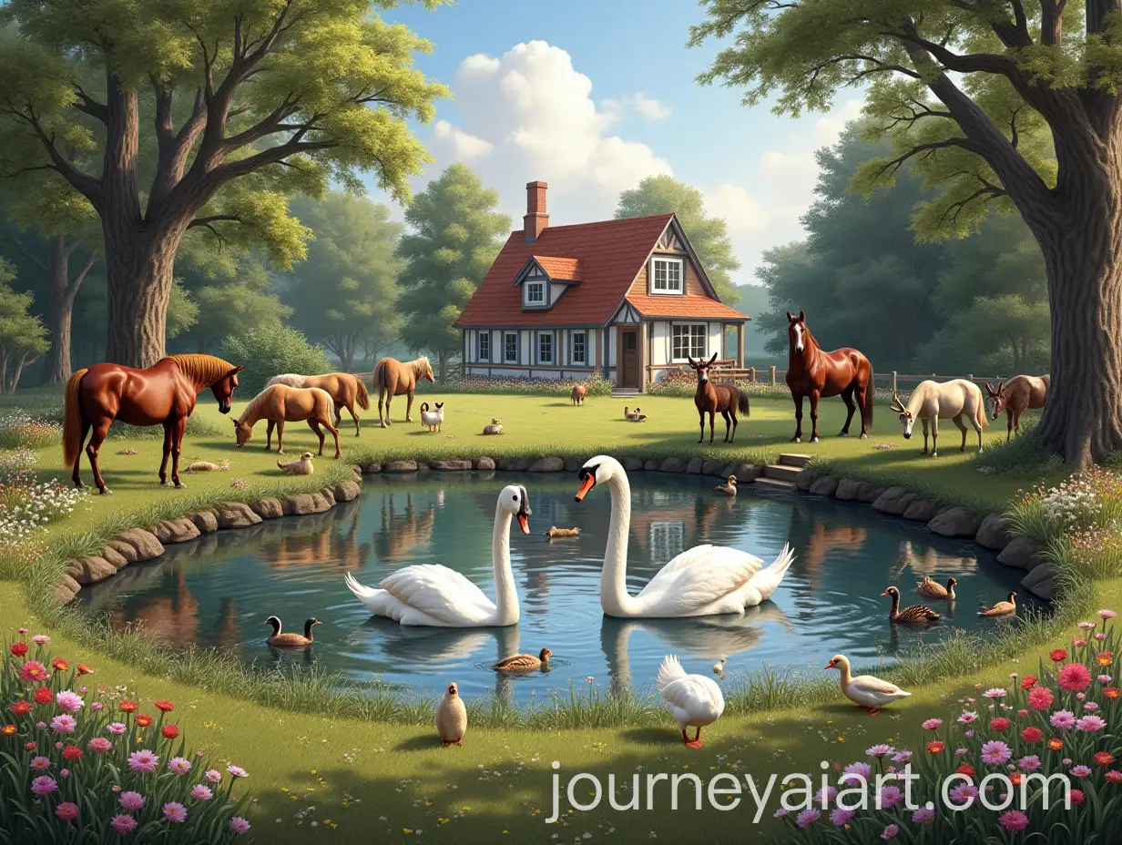 Charming-BritishStyle-Animal-Farm-with-Grazing-Horses-Deer-and-Swans