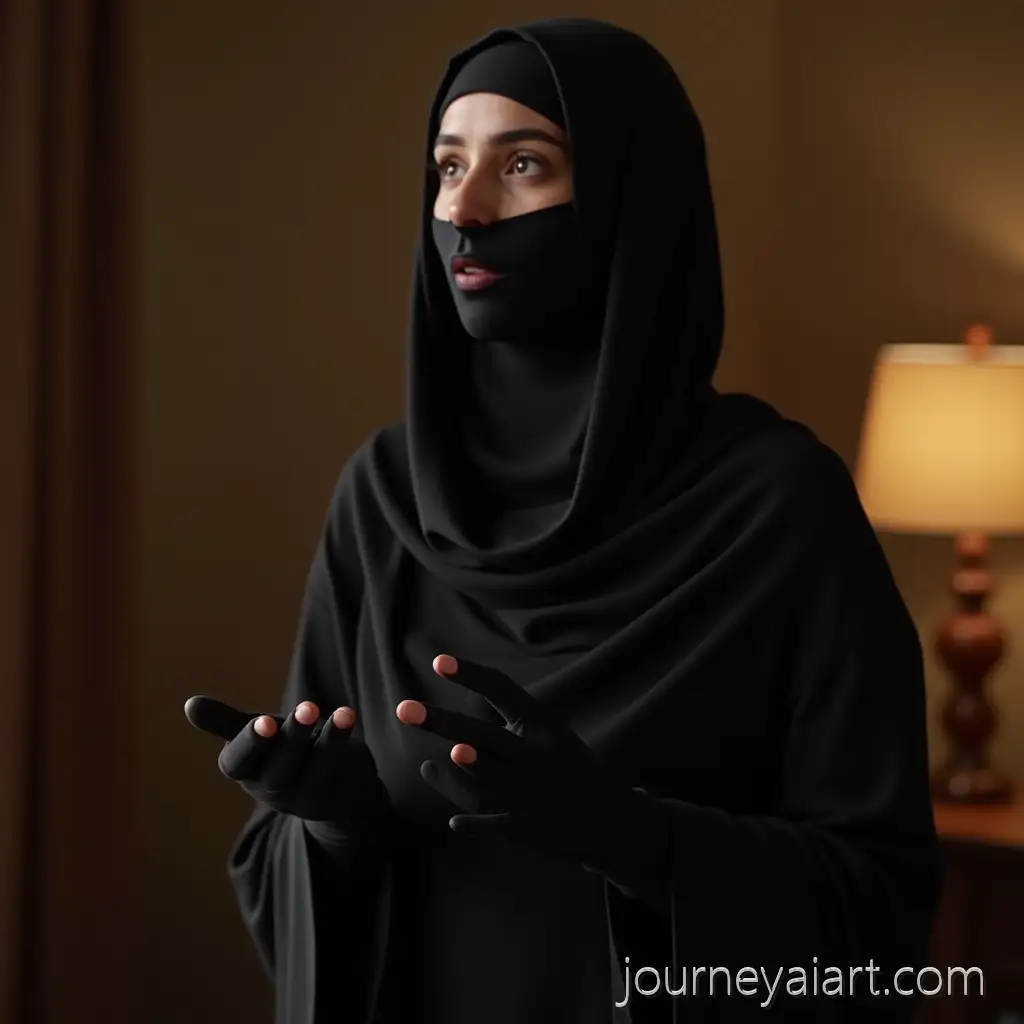 Realistic-Woman-in-Black-Niqab-Gesturing-in-Cozy-WarmLit-Room
