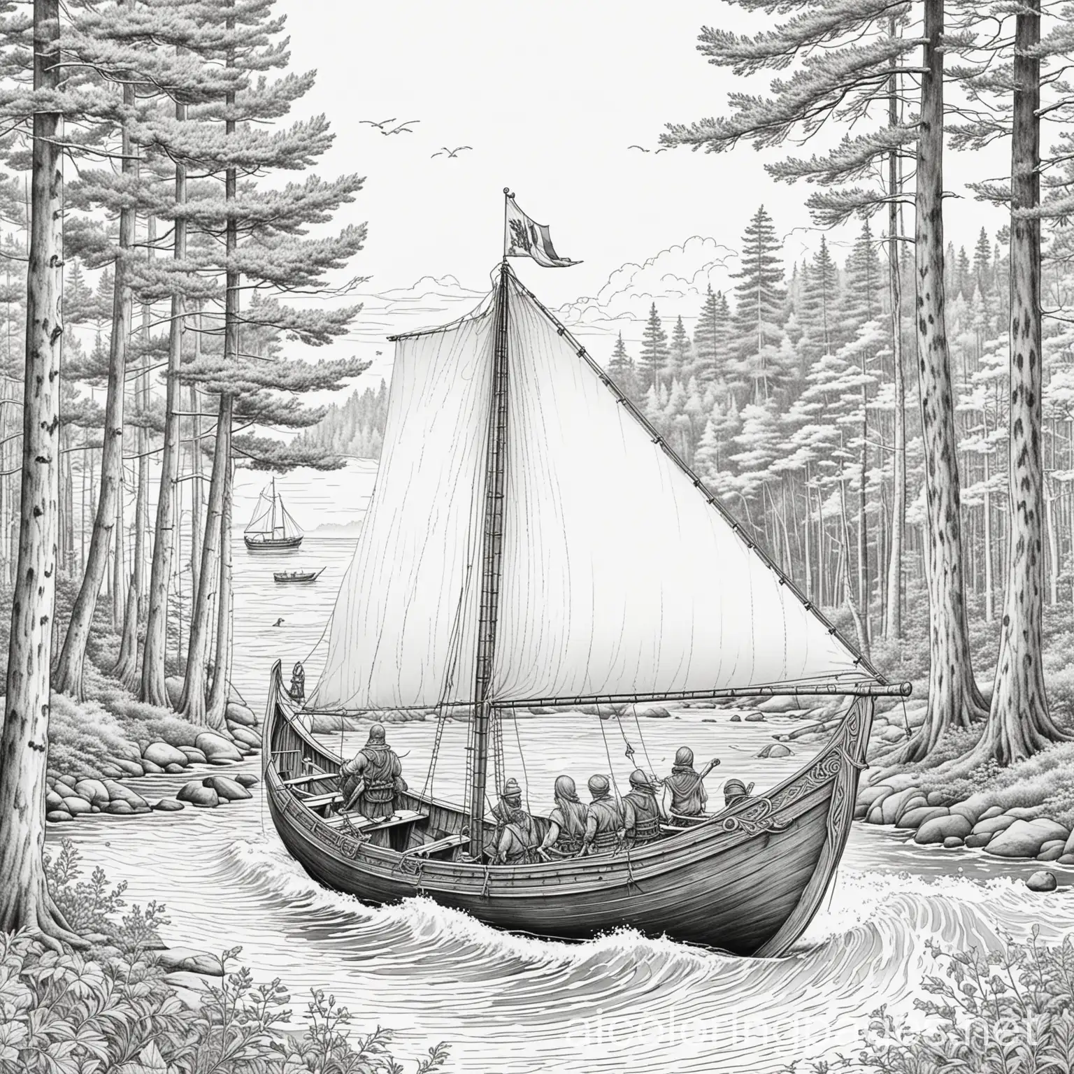 a viking boat off the coast of New England, tall pine trees, ocean, coloring page, black and white line, line art, Coloring Page, black and white, line art, white background, Simplicity, Ample White Space. The background of the coloring page is plain white to make it easy for young children to color within the lines. The outlines of all the subjects are easy to distinguish, making it simple for kids to color without too much difficulty