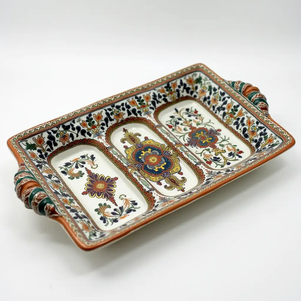 Three divided rectangle ceramic tray plate with embossed beautiful ceramic handle, Underglaze painting on white body, Fine art, Hyper detailed, Antique and old, Qajar art, Iranian Tabriz carpet design