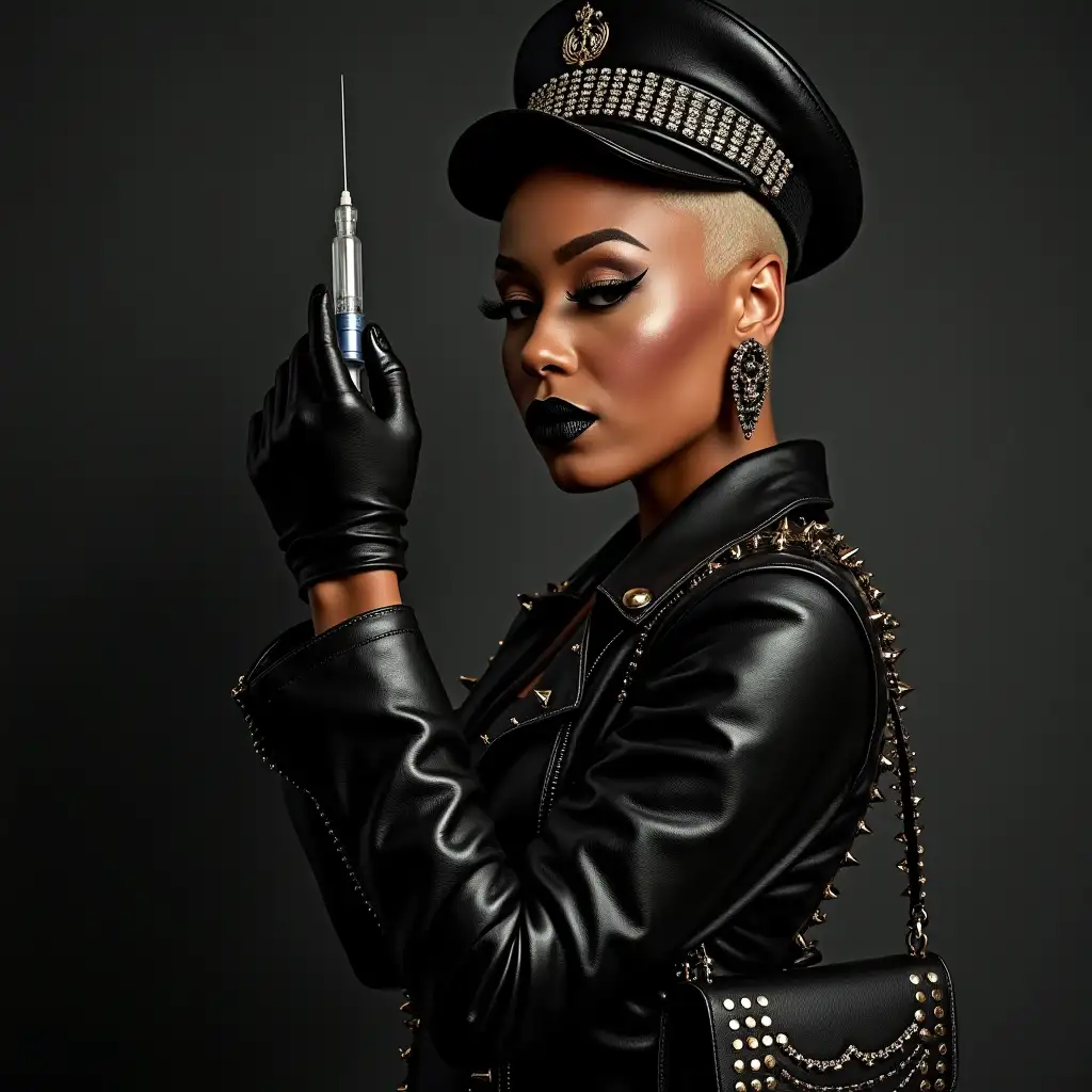 Dark-African-Drag-Queen-Cynthia-Erivo-in-Studded-Leather-Outfit-Holding-Injection-Needle