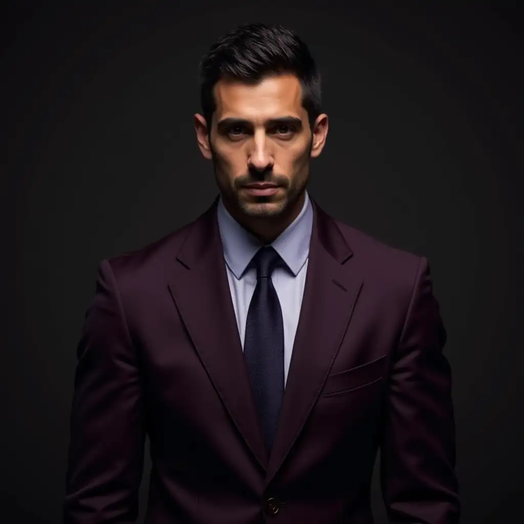 A serious looking middle eastern man in a dark purple suit named Darius