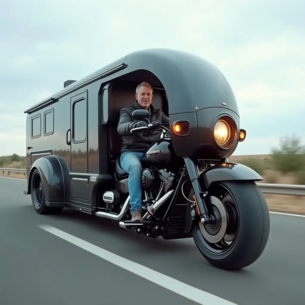 harley davidson motorcycle as a futuristic two-story RV on a highway. the rider is a 50-year old male