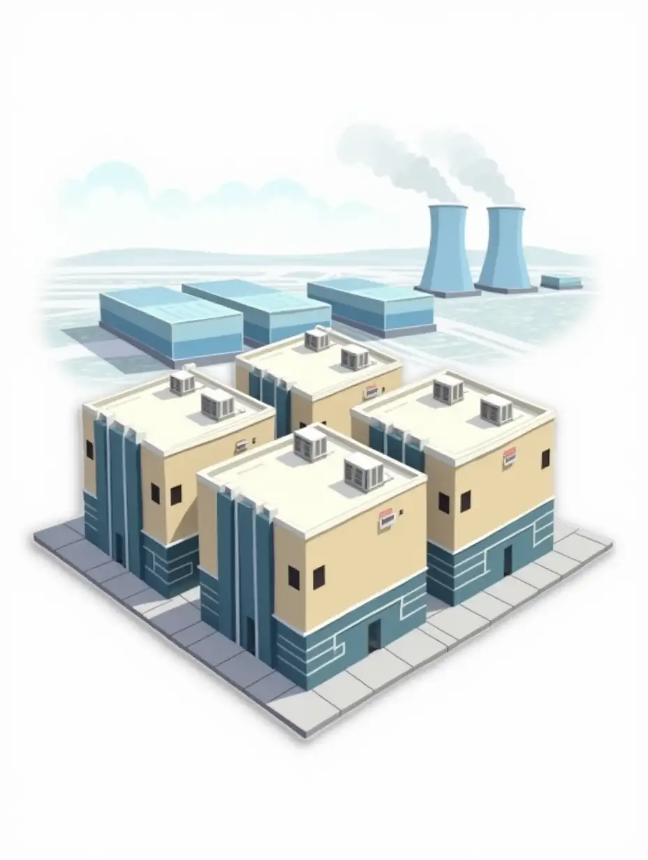 A high-definition laminated sticker cut out of paper depicts 3 (three) identical rectangular industrial buildings, standing in a row in an isometry. Buildings have solid walls and rare small square windows. The color of the walls of the buildings is beige, half of the wall area is occupied by intermittent blue stripes, and the perimeter of the roof is white. Air conditioning units are grouped on the flat roof of the building. Somewhere far away in the background, the contours of blue cube-shaped hangars and two evaporative cooling towers of a power plant are visible. The image is stylized as a laminated self-adhesive sticker, stickers on a white background, and an anime-style vector image.