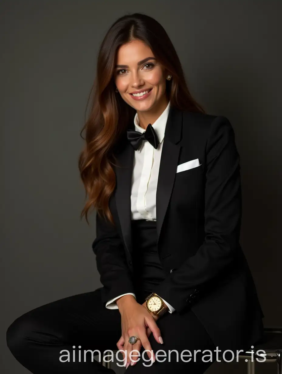 Caucasian-Woman-in-Tuxedo-with-Black-Patent-Leather-Shoes-and-Gold-Watch