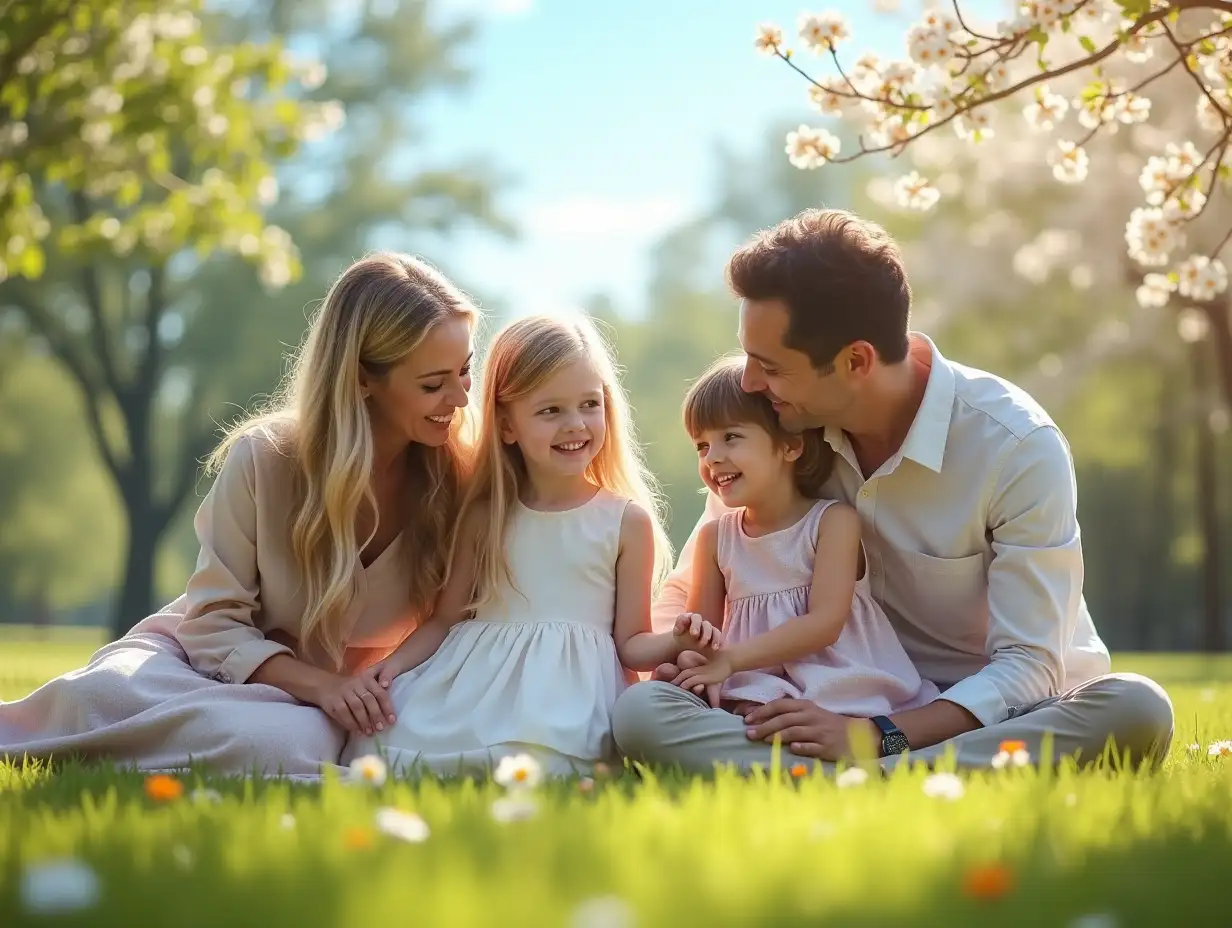 A photorealistic frame of a happy family - mom, dad, boy and girl - in a quiet and cozy setting. They are located on a green lawn or in a sunny park, surrounded by nature. Mom and daughter are in beautiful skirts and blouses, their images emit tenderness and modesty. Dad is in a shirt, the boy is in comfortable clothes. Parents look warmly at children, mom gently holds her daughter's hand, and dad hugs his son. The girl shines with joy, her dress slightly flutters from a light breeze. Soft sunlight illuminates faces, emphasizing the warmth of family relationships. Around blooming flowers, trees with green leaves and blue sky with light clouds. The whole scene is filled with peace, love and happiness.
