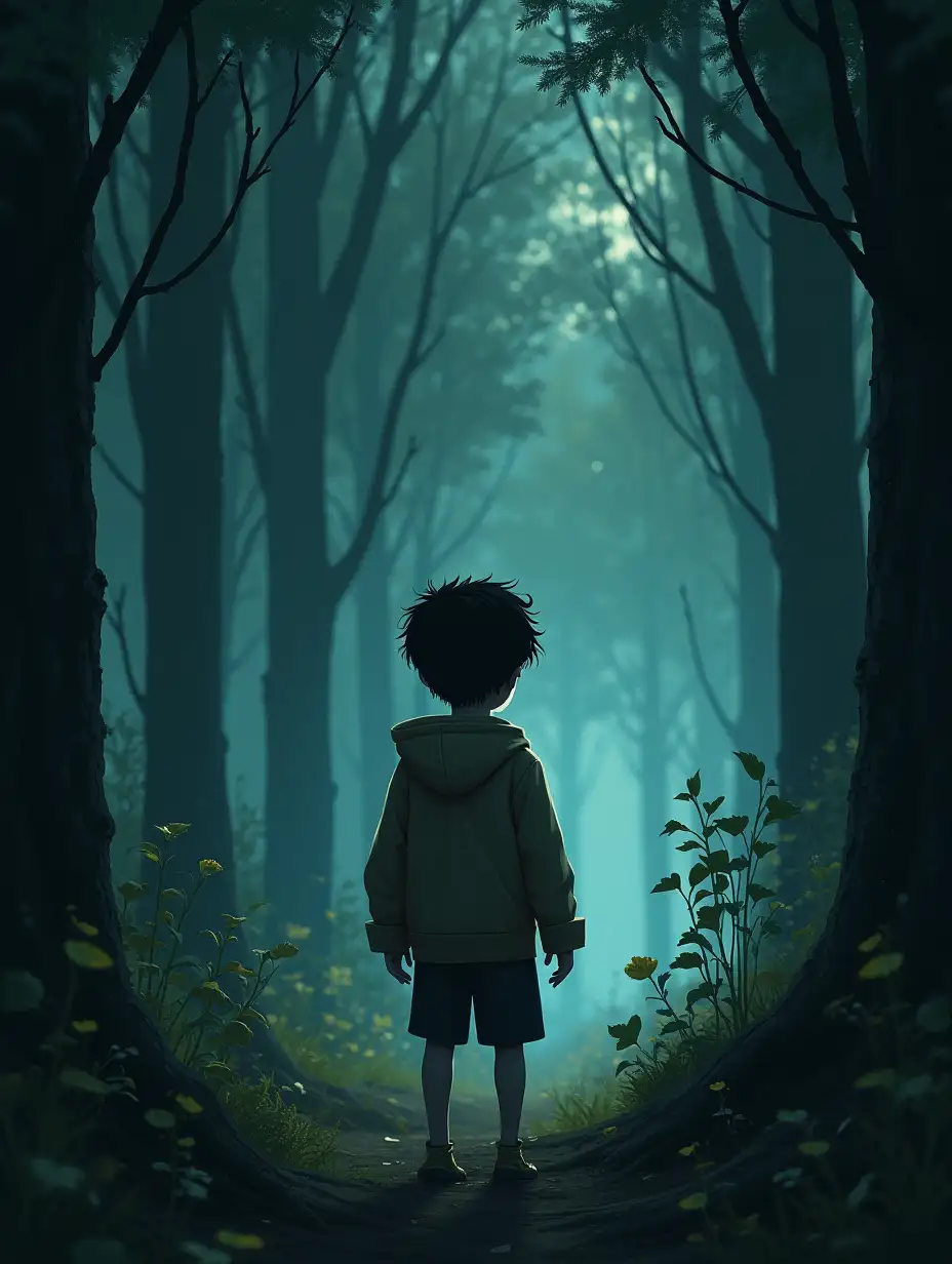 I want a short story about a 10-year-old white-skinned, black-haired boy who is lost in a forest with very scary monsters.