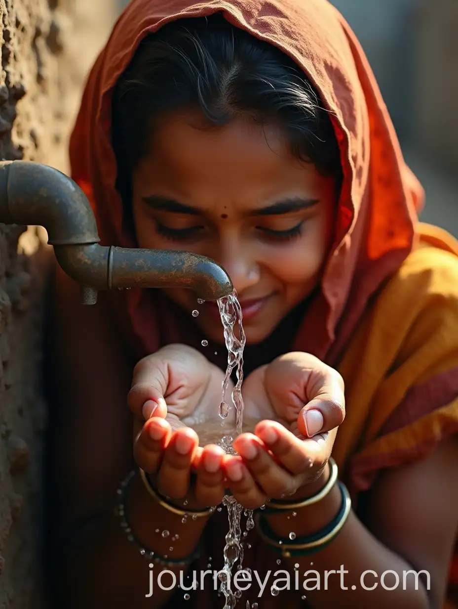 Indian-Woman-Drinking-Contaminated-Water-from-Tap-in-Rural-Setting