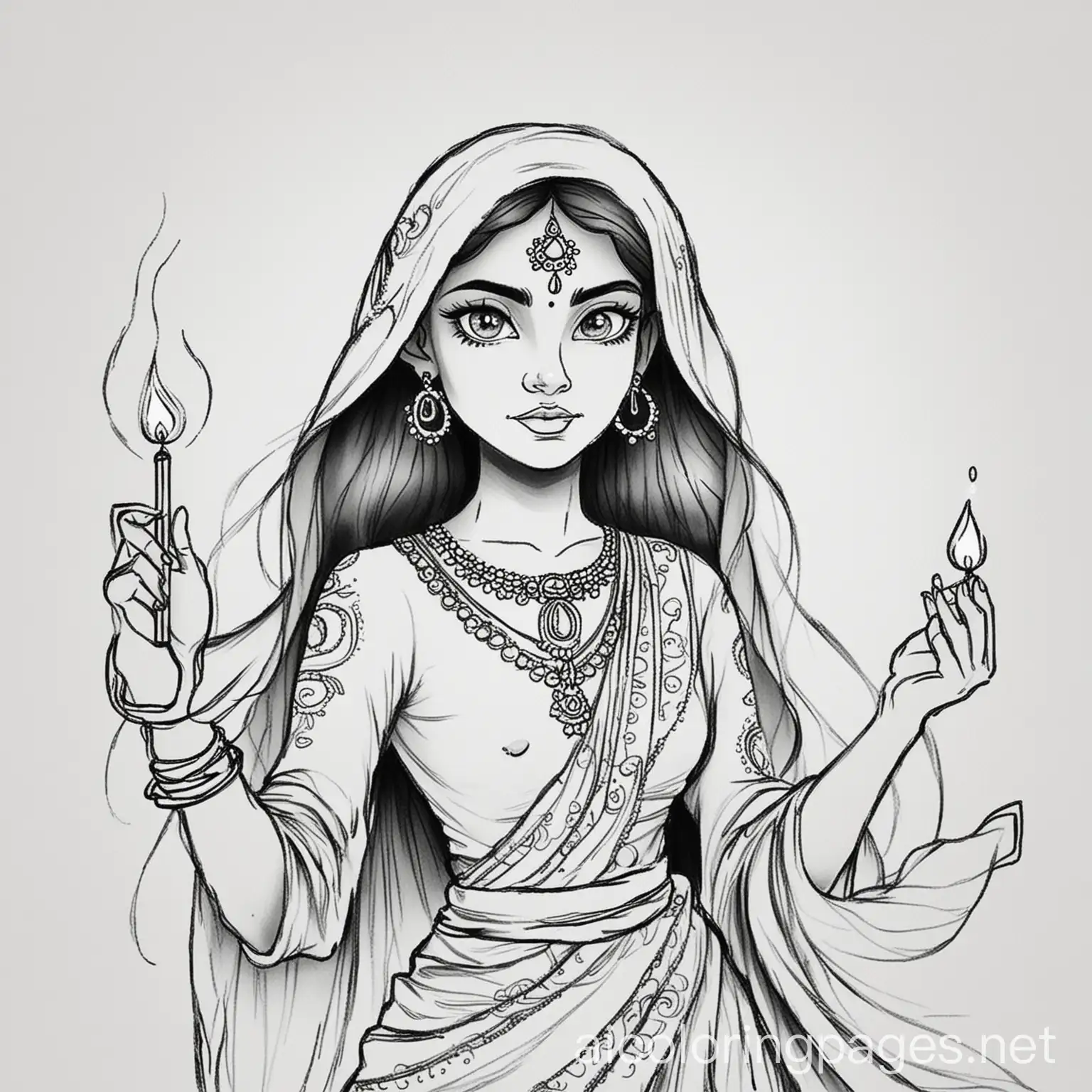 Sinister-Witch-Casting-Spells-in-Traditional-Indian-Dress-with-Diwali-Lights