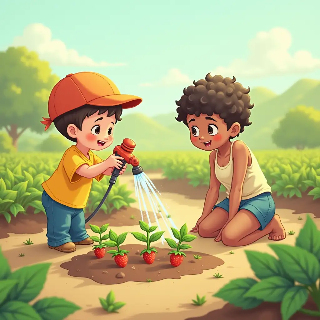 A small cartoon character in a yellow shirt and blue pants standing near a mini water pump, spraying water over tiny green strawberry plants. Another character kneels nearby, examining the growing sprouts with excitement. The scene is sunny and colorful.