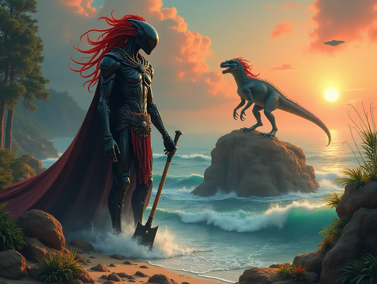 Hyperrealistic portrait of a 15 meter tall metal alien king with metal hair black and red with an ax in the sea in front of a 5 meter alien raptor with waves on a rock with plants on a richly detailed, colorful forested planet with sun and ufo background