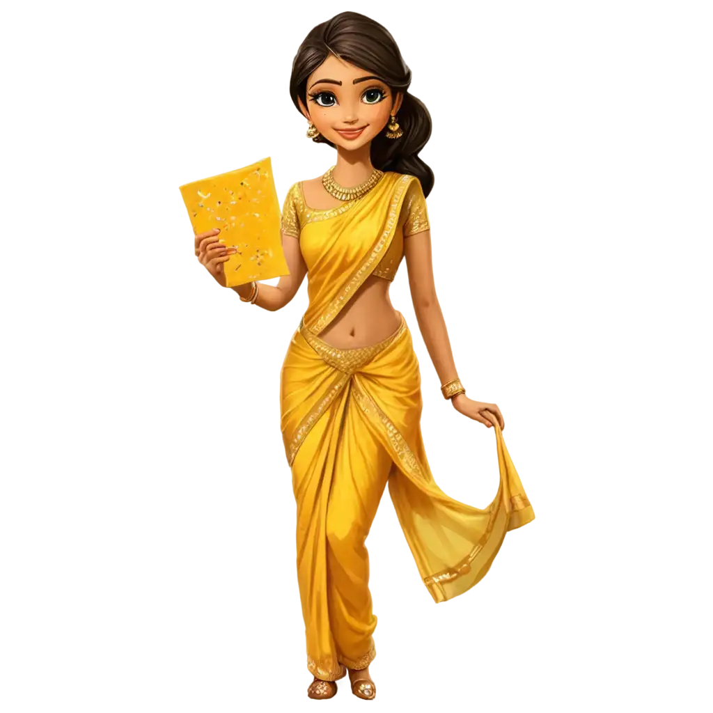 Vibrant-Indian-Yellow-Saree-Cartoon-with-Haldi-HighQuality-PNG-for-Diverse-Uses