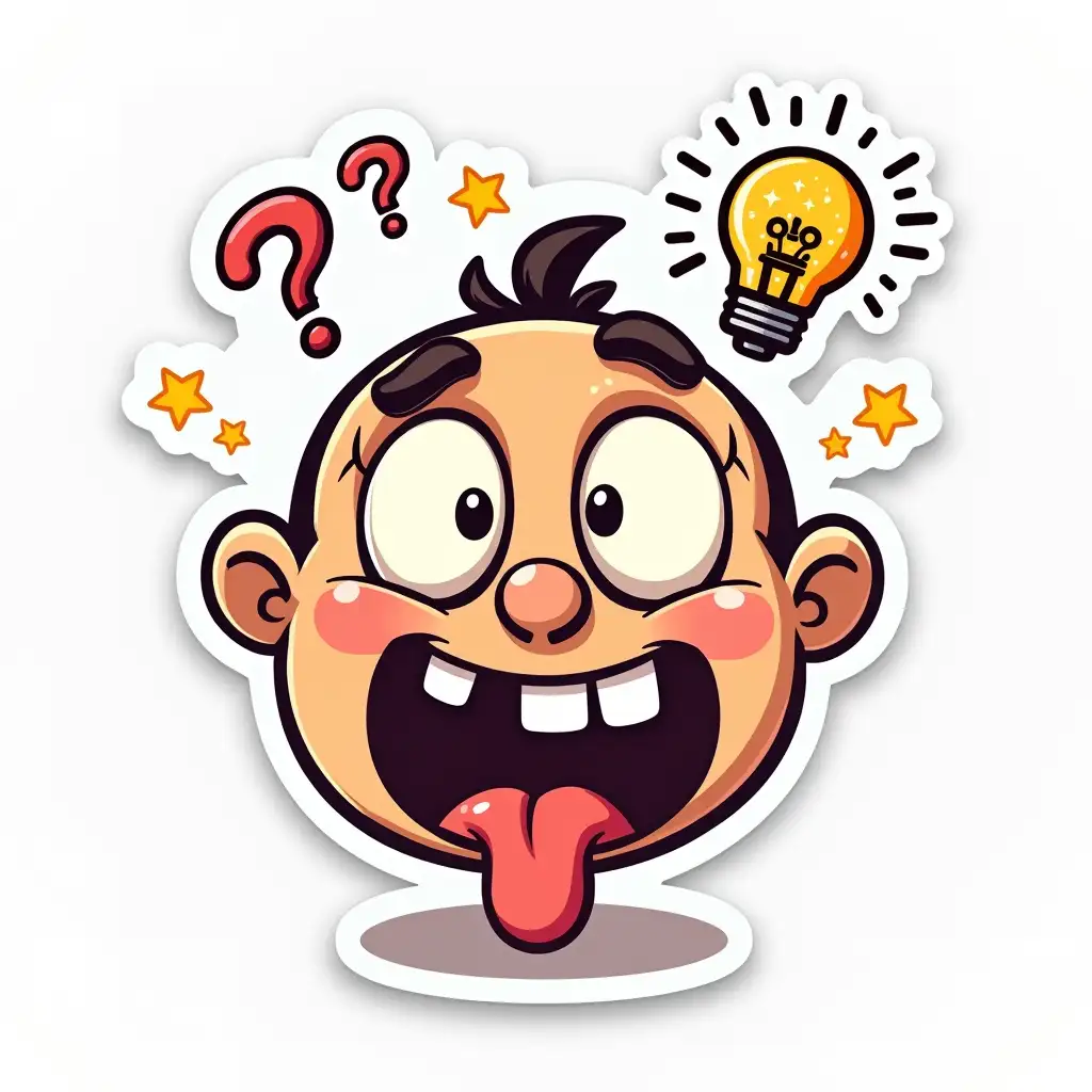 Create a 2D cartoon sticker design depicting comical stupidity, featuring a character with exaggerated cross-eyes, a goofy smile, and drooling expression. Include visual elements like floating question marks, stars circling around the head, or a light bulb filled with nonsense symbols. Use bright, vibrant colors and a simple, clean outline style typical for messenger app stickers. The overall expression should be humorous and instantly recognizable as representing confusion and silliness.