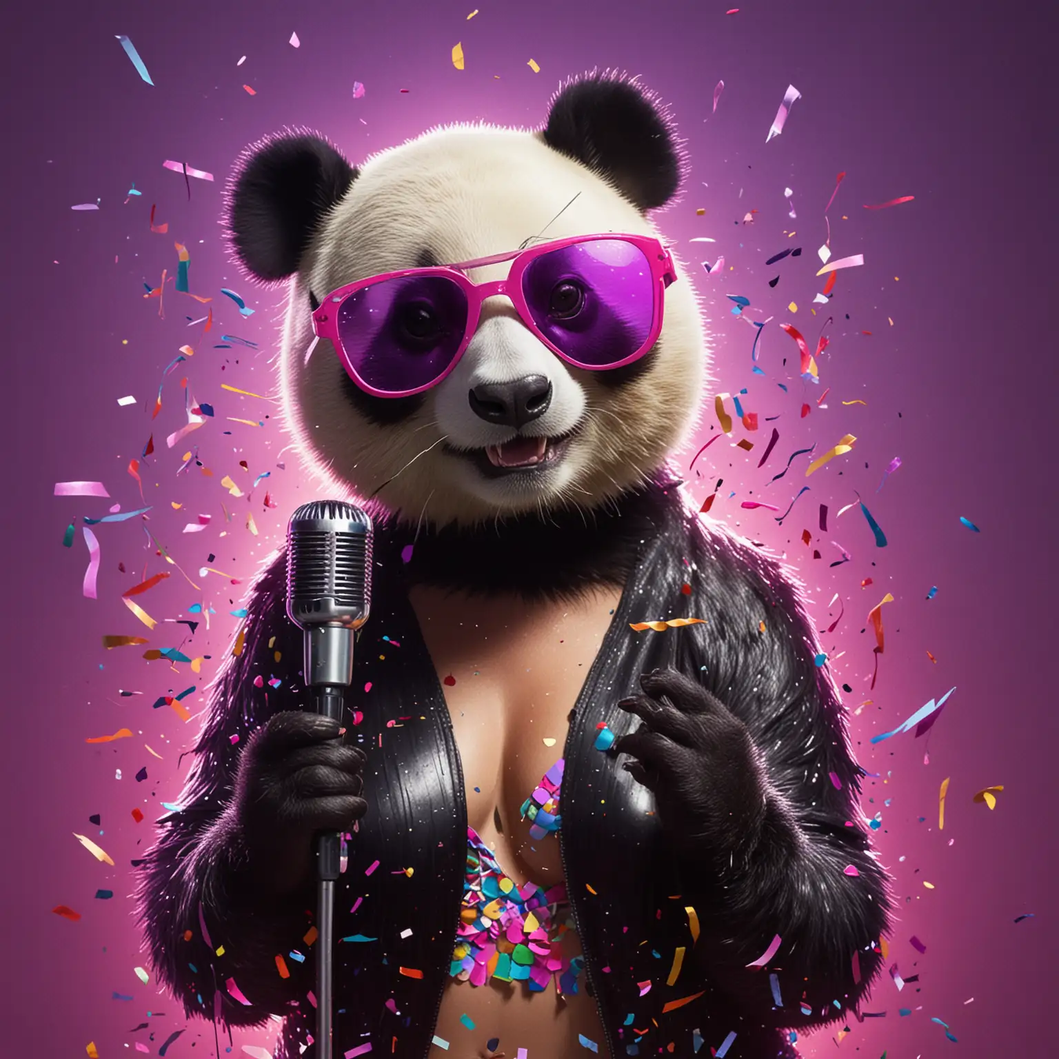 Create a vibrant pop-art style image featuring a playful, anthropomorphic Party Panda Bear wearing sunglasses and holding a microphone, surrounded by neon lights and confetti. Next to the panda, depict Lara Lust, a confident and flirty pop star with a playful smile, wearing a stylish and slightly provocative outfit, embodying a mix of Lady Gaga and Katy Perry. She should be holding a microphone, engaging with the panda in a fun and flirty manner, as if they’re performing a lively duet. The scene should reflect the sexy and humorous theme of the song 'Unwiderstehlich, Baby!', with a nightclub or party atmosphere in the background, full of vibrant colors and energy.