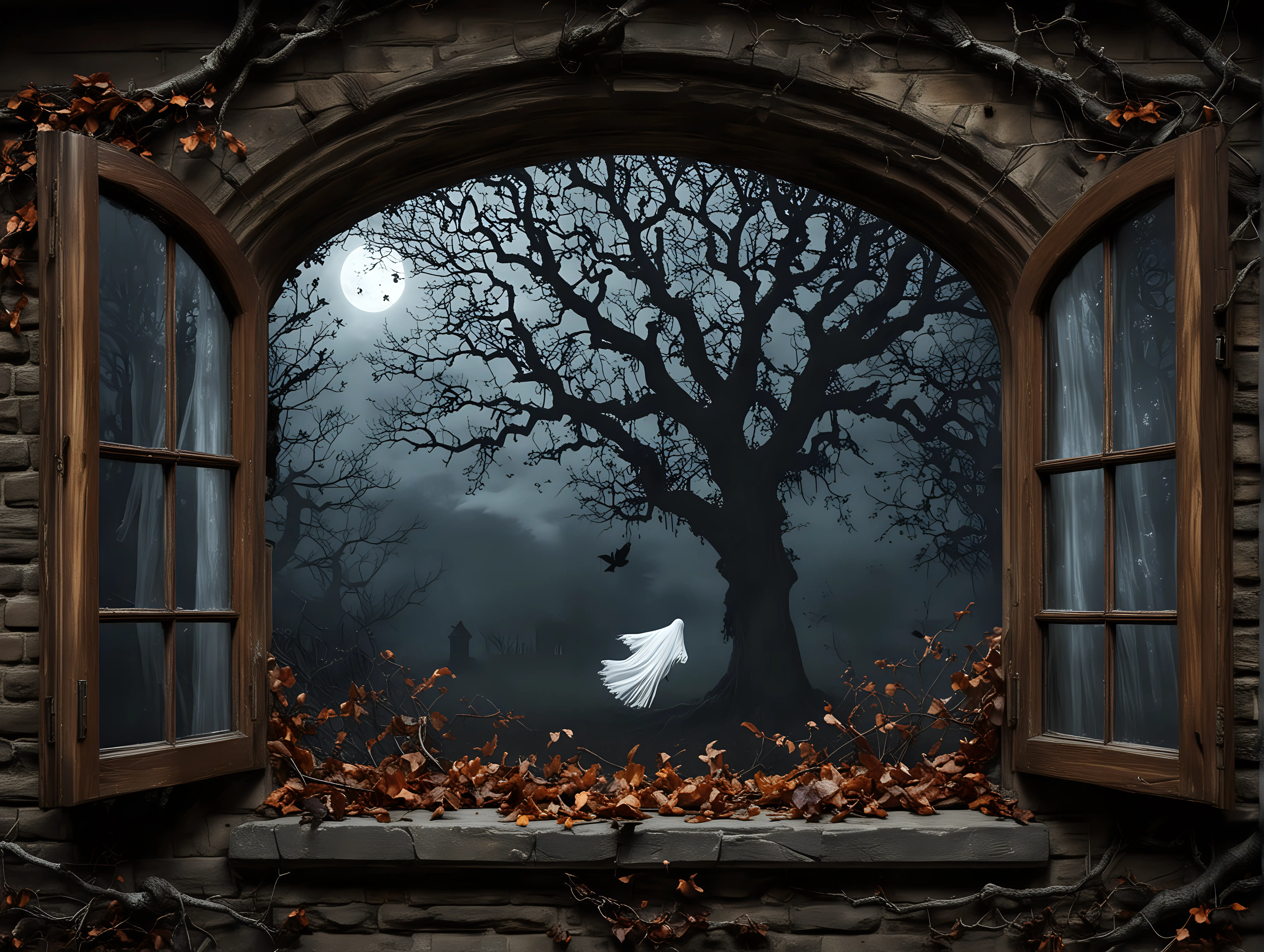 gothic style window spooky ghost flying out of window moonlit night misty autumn oak tree