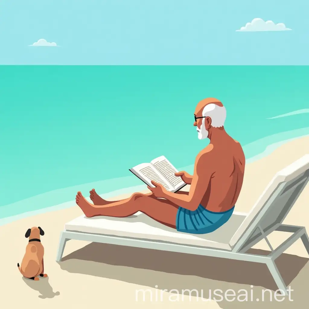 Elderly Man Reading by Turquoise Sea with Small Dog