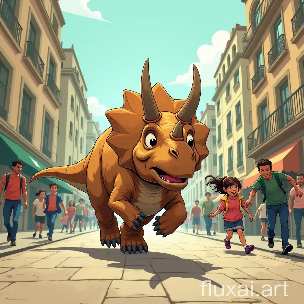 A frightened brown triceratops runs through Paris, with a girl chasing after him, people are making way, old cartoon, triceratops runs towards the camera.