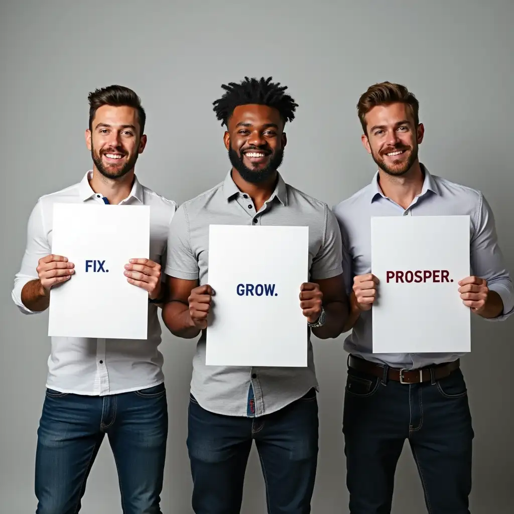 Create 3 types of real men in each holding a sign so that when they stand together, the signs read 'Fix. Grow. Prosper.' make sure they are good looking and different racial background. Each representative of the stage of the sign: Fix, Grow, PROSPERnMake sure to spell correctly