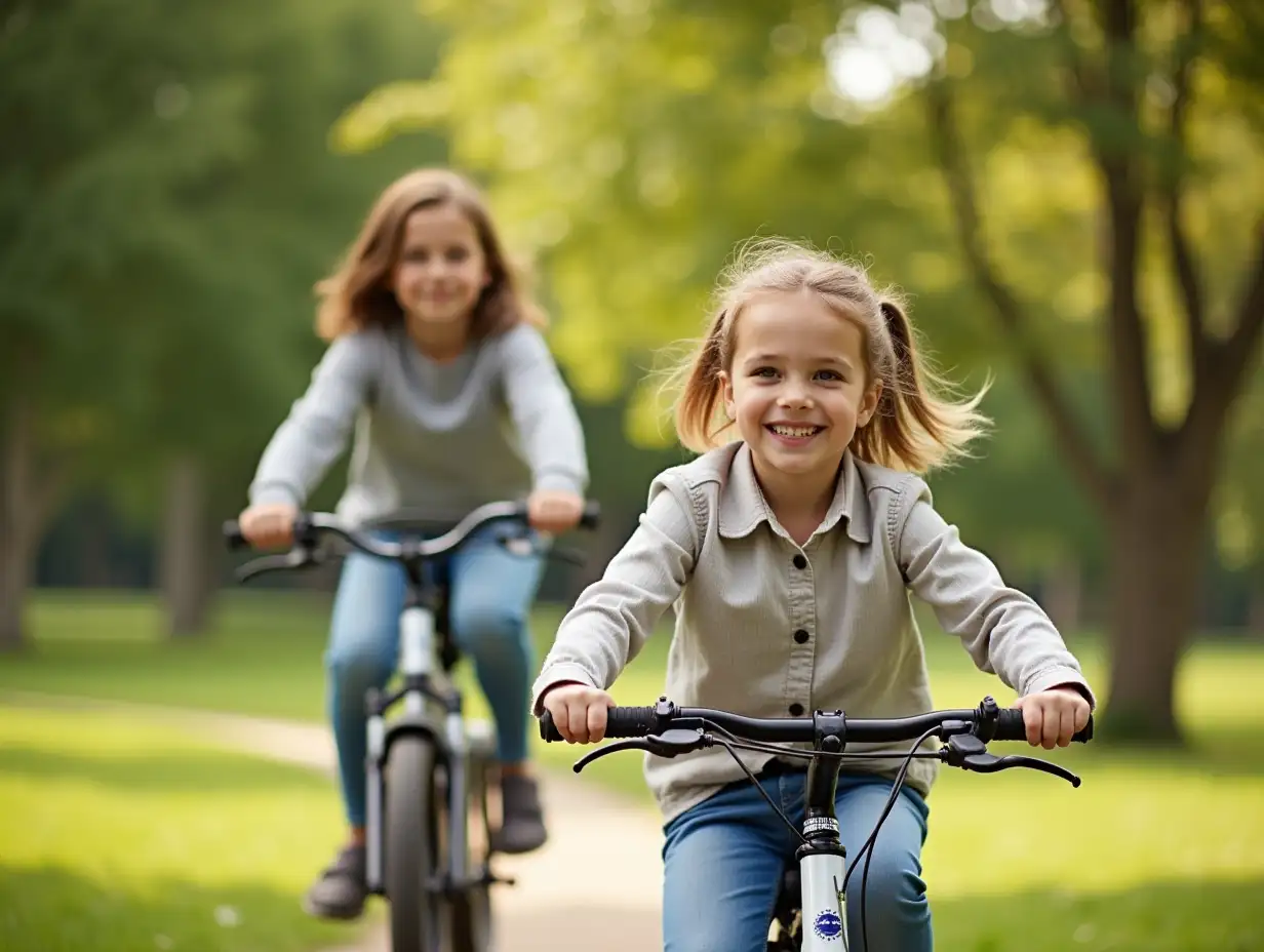 Young family riding bicycles in the park