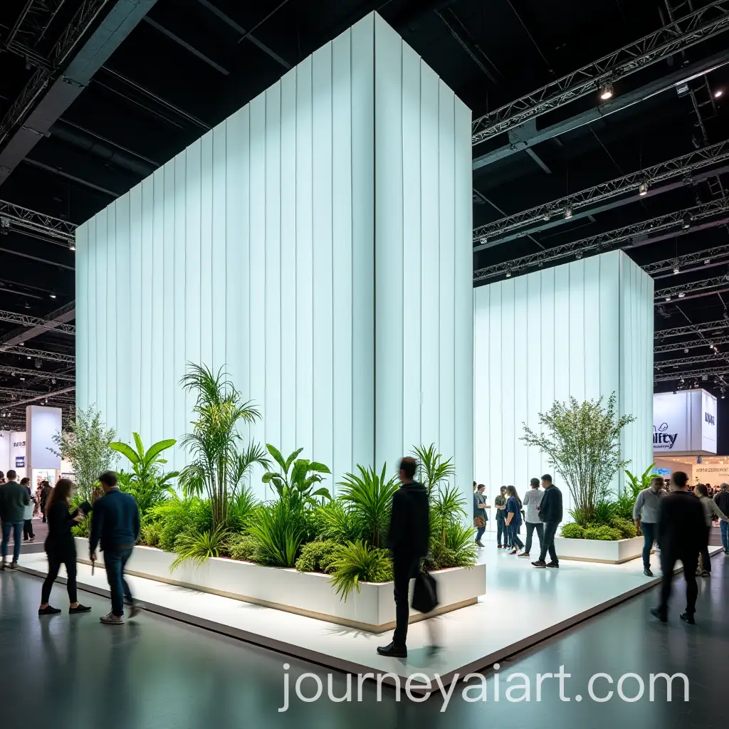 Modern-Exhibition-Stand-with-White-Glass-Panels-and-Vibrant-Greenery