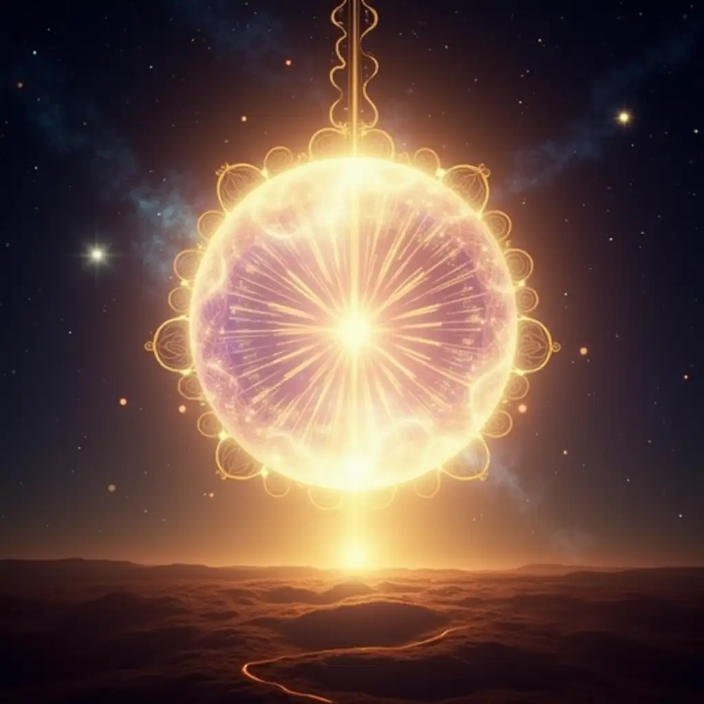 Create an image of healing energy represented as a radiant ball of light, embodying the essence of the “infinite wise self.” The energy ball should glow with dynamic, shifting hues of gold, white, and soft violet, symbolizing wisdom, inner strength, and spiritual connection. It should appear alive and pulsating, with tendrils of light extending outward like gentle, flowing waves, suggesting infinite reach and timeless knowledge. Position this ball of energy in a serene setting, such as a vast open sky, a tranquil forest clearing, or a peaceful cosmic backdrop filled with stars. The surroundings should enhance the sense of calm, healing, and universal connection. Around the energy ball, include subtle, shimmering patterns or symbols that represent higher consciousness, growth, and balance—such as spirals, mandalas, or geometric shapes. The atmosphere should evoke a sense of profound peace and empowerment, emphasizing the idea that this energy is both a source of healing and a reflection of the infinite wisdom within every individual.