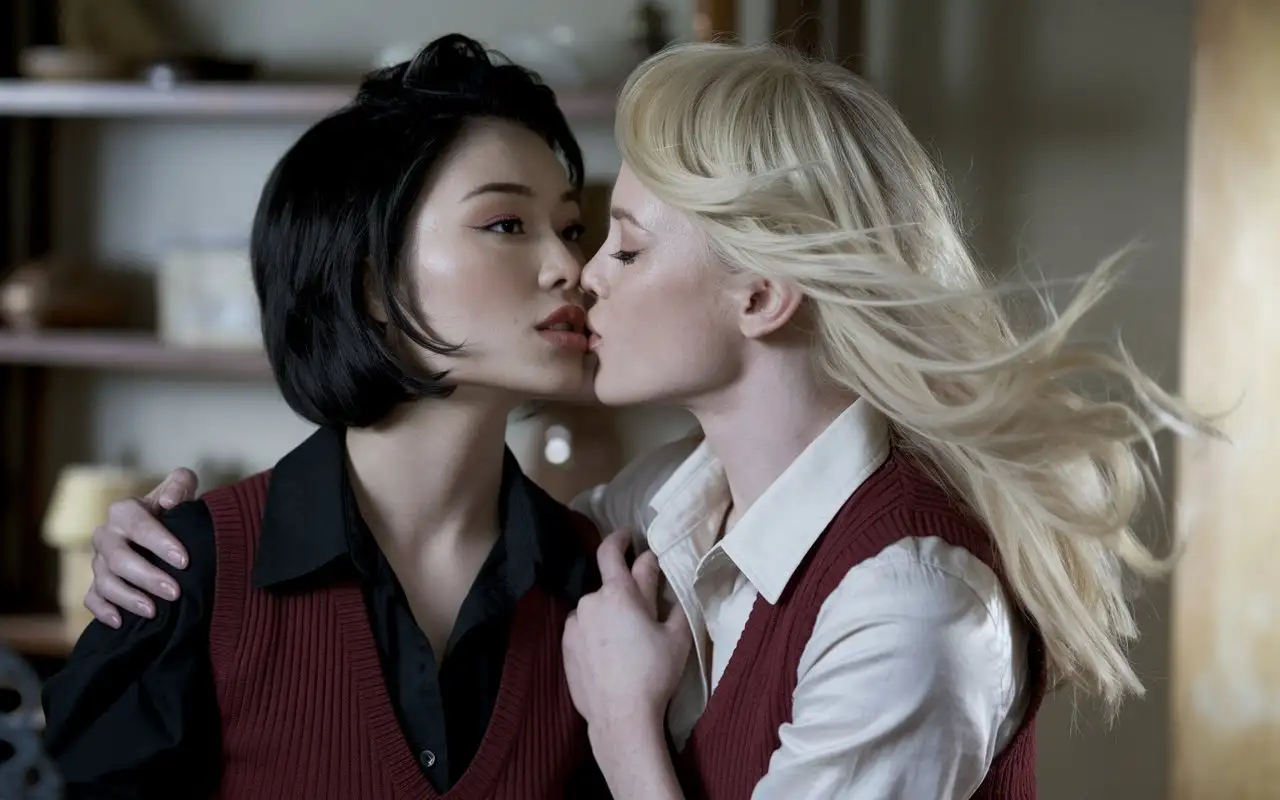 Romantic-Cinematic-Moment-Two-Beautiful-Lesbian-Women-Kissing