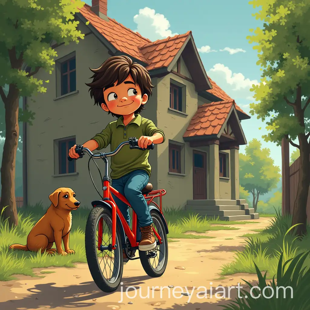 Child-with-Red-Bicycle-and-Sitting-Dog-in-Cartoon-Style