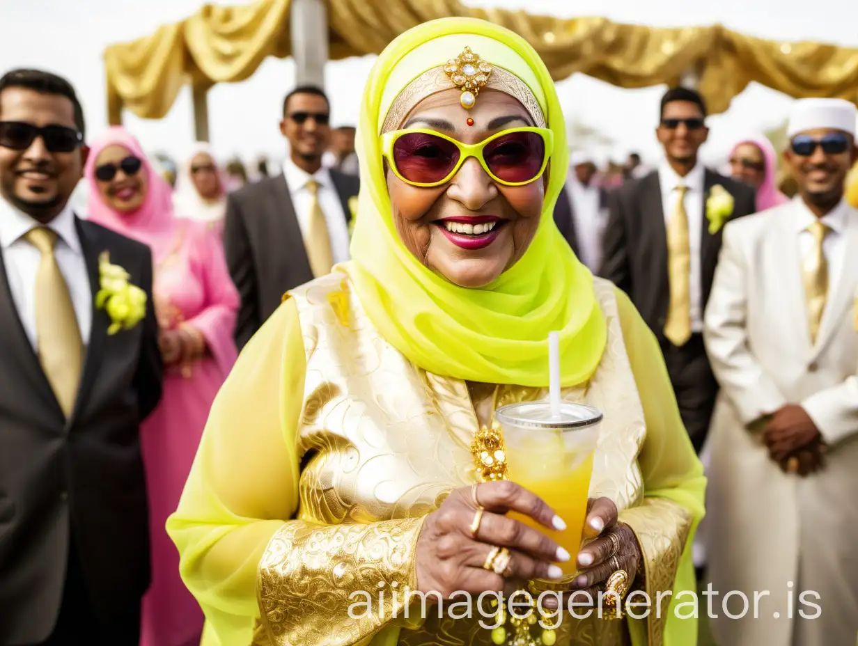 a Muslim woman fat curvy mature having age 89 years old with makeup wearing a costly sunglasses, standing in a Muslim wedding ceremony holding a cold drink glass, she is wearing a neon yellow hijab and she is smiling and happy wearing a lot of gold ornaments and high heels on feet, in background some people 