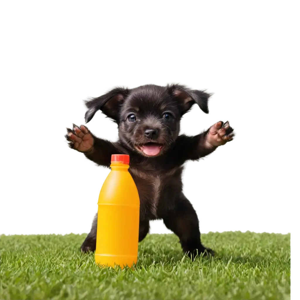 Adorable-PNG-Image-Short-Baby-Dog-Dancing-on-Grass-with-Playtime-Water-Bottle