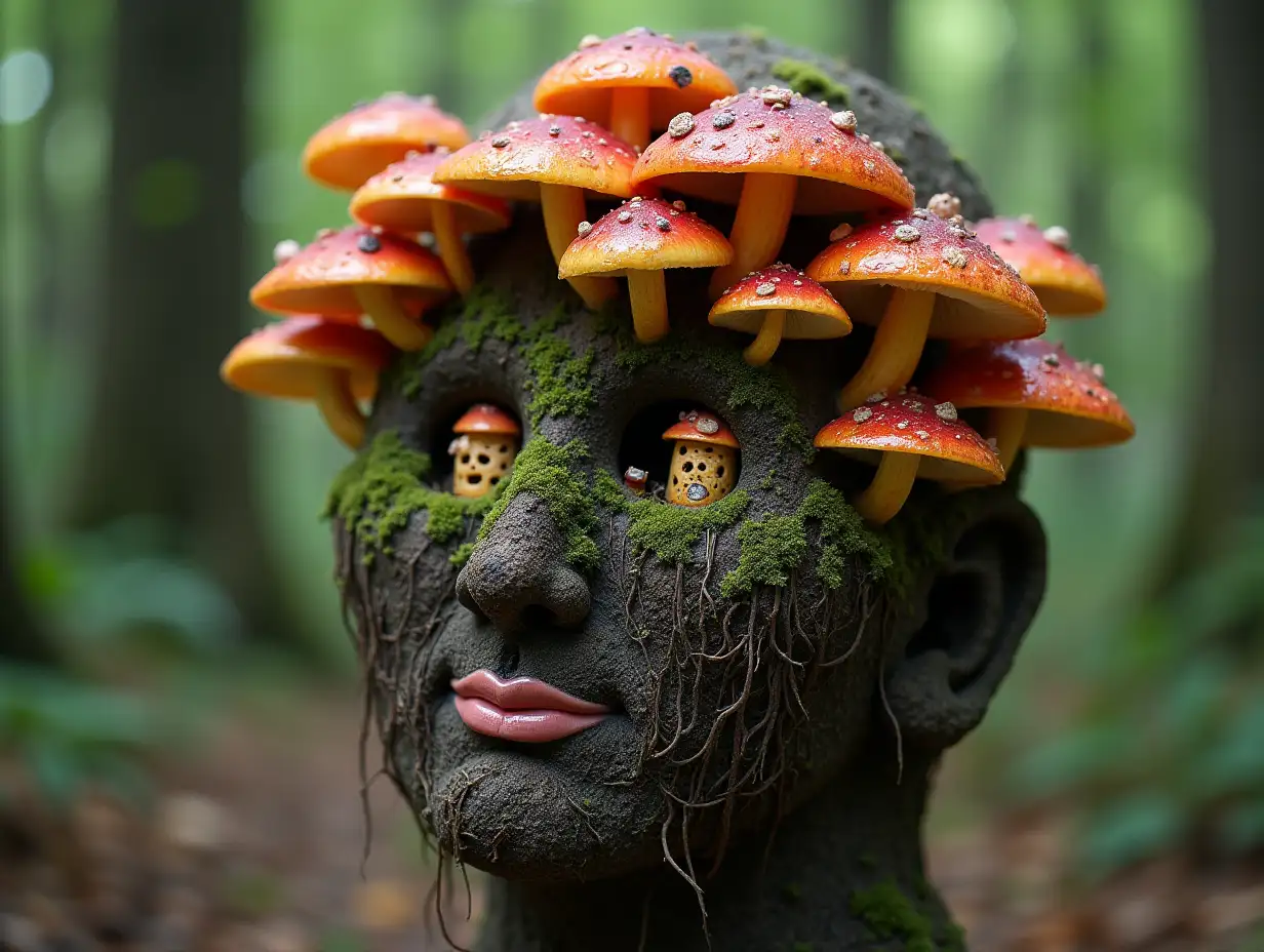 Face with colorful mushroom in mouth roots transformed into building in the forest