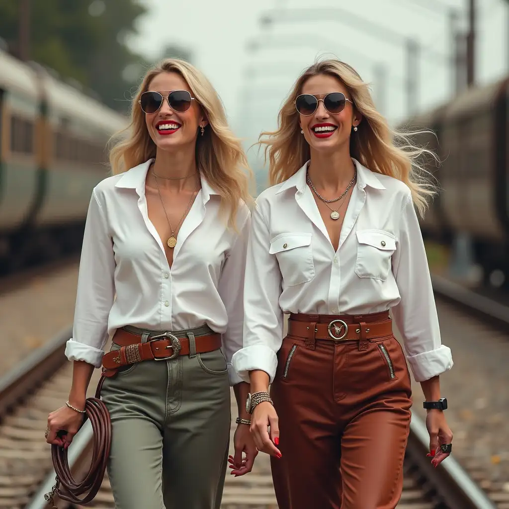 two aryan White lady, wearing an white explorer  shirt, laughing with her mouth open, red lipstick accentuating her smile, accessorized with a stylish belt, holding a leather whip, jewelry, white skin, big wide hips, chest are fully grown, pilot sunglasses, two european lady walking on rails