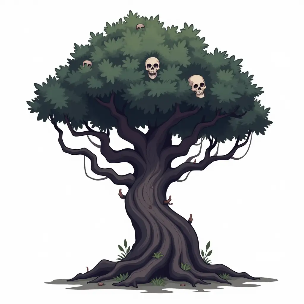 A single, gnarled dark fantasy tree, isolated with no background. dark leafs with skeleton heads hanging on it. The thick trunk has subtle, eerie carvings. Designed as a standalone game asset, highly detailed, cartoonish ,gothic, with transparent background