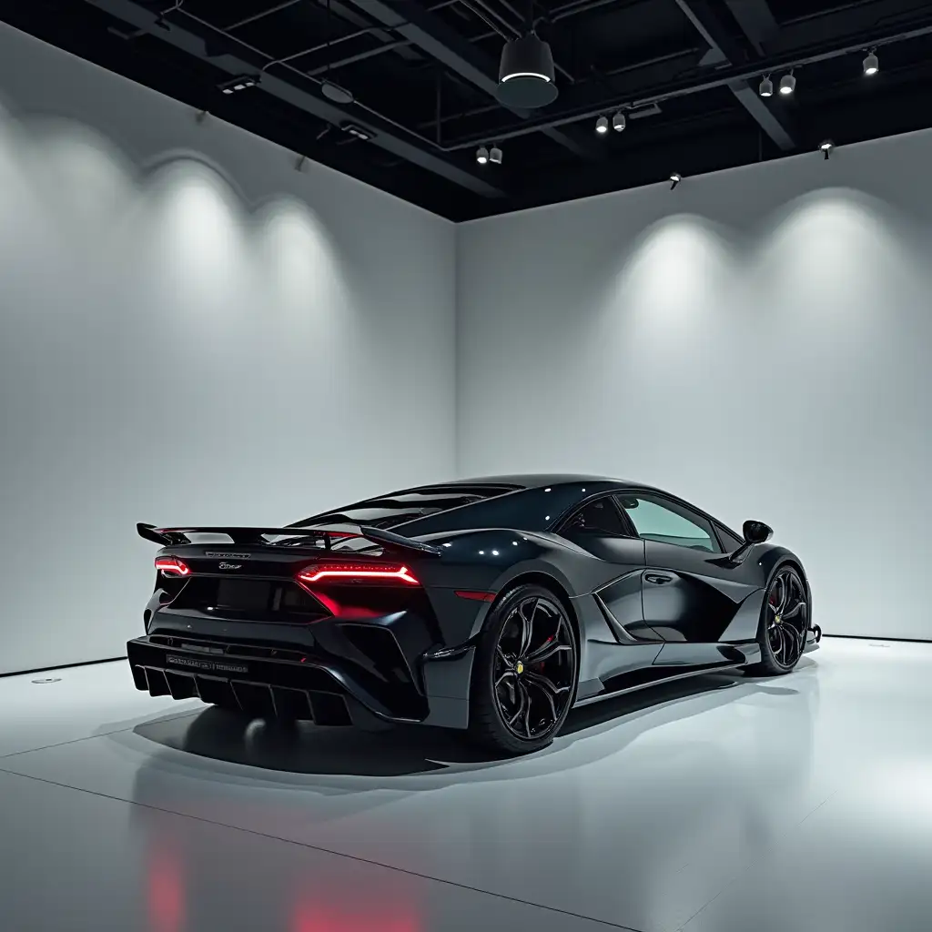 Sleek-Sports-Car-Displayed-in-Modern-Showroom-with-Minimalist-Design