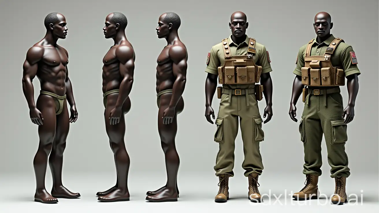 Figurine in the image of Ibrahim Traoré, Silicone body and plastic limbs. Super flexible with multiple articulation points. Several interchangeable hands. A head sculpted in the image of Ibrahim Traoré, with precise details of his face. Removable flat-heeled feet. Boxer briefs in fabric. More voluminous design with good muscle definition, perfect for a more robust and imposing representation. Military uniform faithful to that worn by Ibrahim Traoré, including insignia and military decorations. A beret or military helmet, according to preferences. Traditional Faso Dan Fani outfit: a traditionally woven Burkinabe fabric pagne, often worn on important occasions. For the figurine, this would include a tunic and pants in Faso Dan Fani, with traditional motifs and colors. Standard military uniform worn by the Burkina Faso armed forces. This outfit includes camouflage uniform, military boots, a tactical vest, and a helmet. Details include multiple pockets for equipment, military insignia, and accessories like a replica of his service weapon. Additional details: A presentation base with the Burkina Faso flag. Military accessories such as a replica of his service weapon or communication devices.