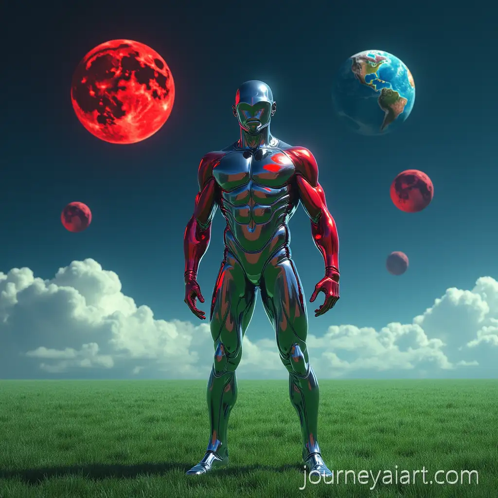 Chrome-man-with-red-armsChrome-Metal-Athlete-with-Red-Arms-on-Alien-Terrain-Under-Red-Moons-and-Blue-Planet