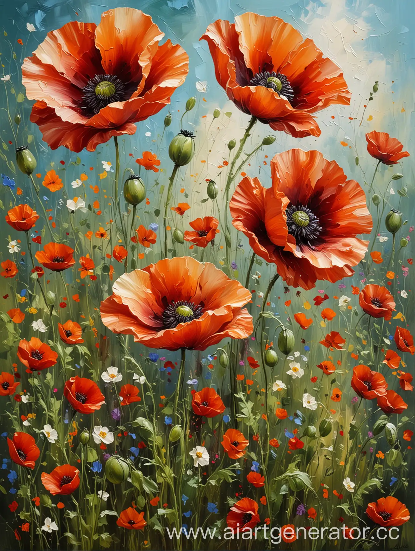 pasty oil painting technique Oil painting in the impost technique: large poppies in a spring garden, with large thick strokes with a palette knife