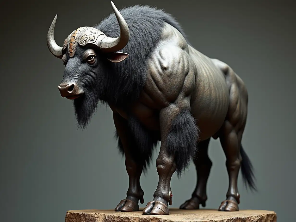 Ultra detailed photo A full-body representation Buffalo animal hybrid bodybuilder with metal armor and head on a rock