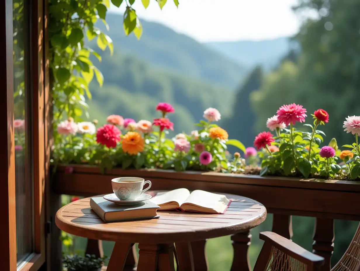 A flower-adorned balcony with a wooden table having a cup of coffee and a book, overlooking a beautiful natural view