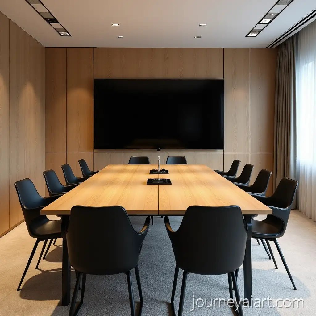 Conference-RoomConference-room-layout-Setup-with-Oak-Tables-and-Black-Chairs