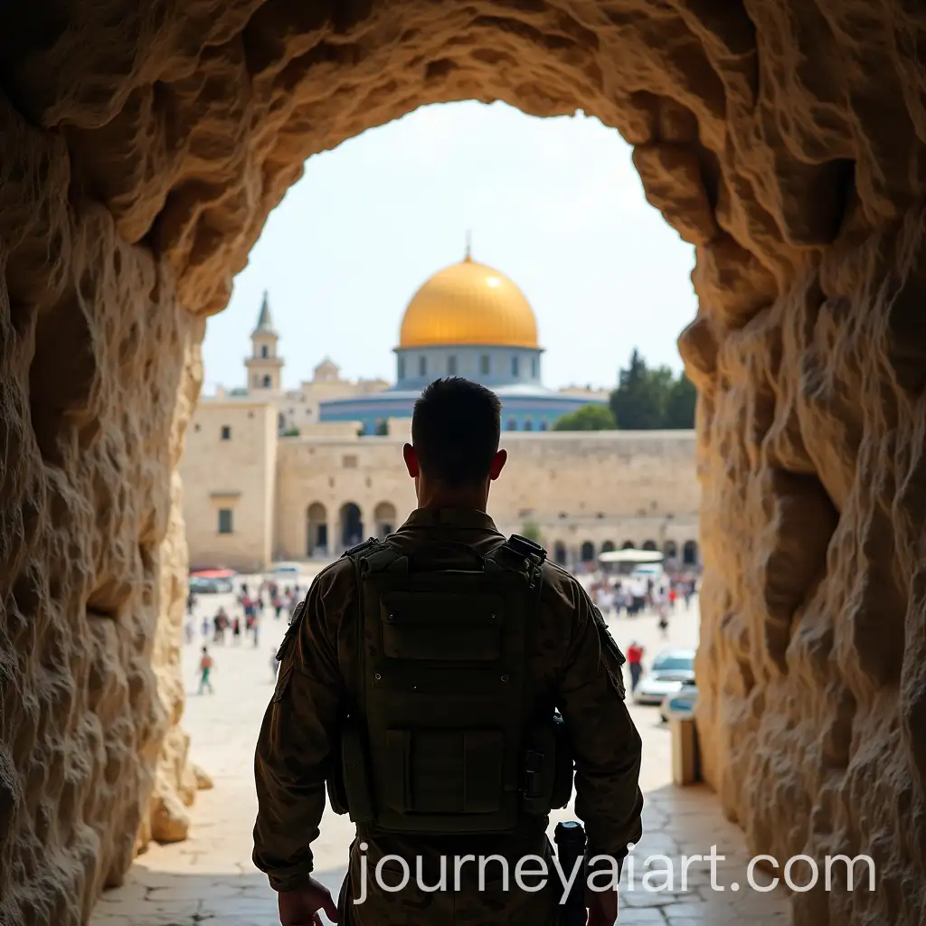 Soldier-in-Camouflage-Shirt-with-Dome-of-the-Rock-in-Palestine-Background