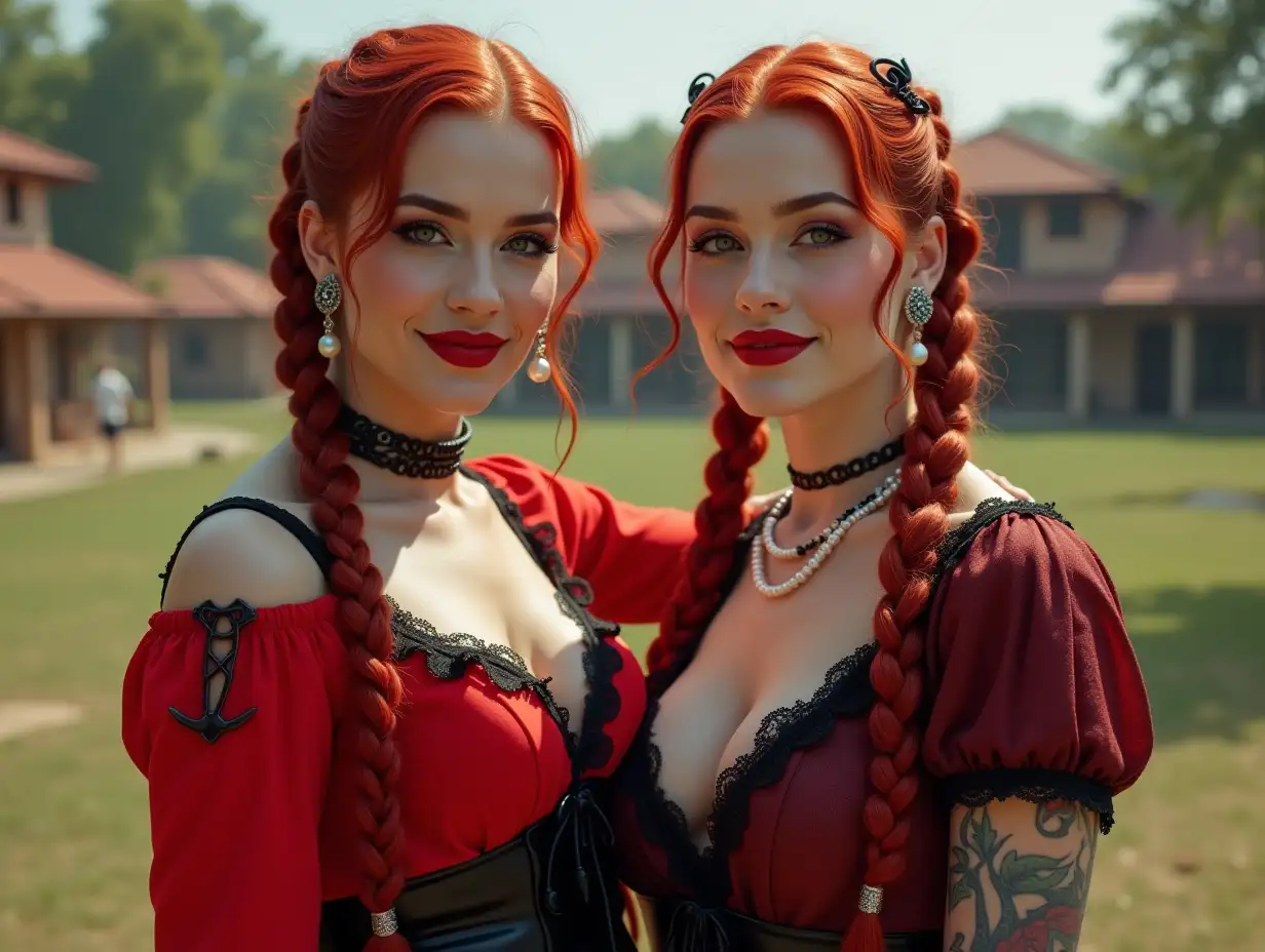 Two white, plump Pin-up-Girls aged 70, red braids, wear a deeply cut blouse in red and black, light smile on the face, tattoos, modern Boland red lipstick enhances their smile, modern jewelry, and much more with a pearl necklace in hand, in a park with many houses in Cyberpunk India 8k quality