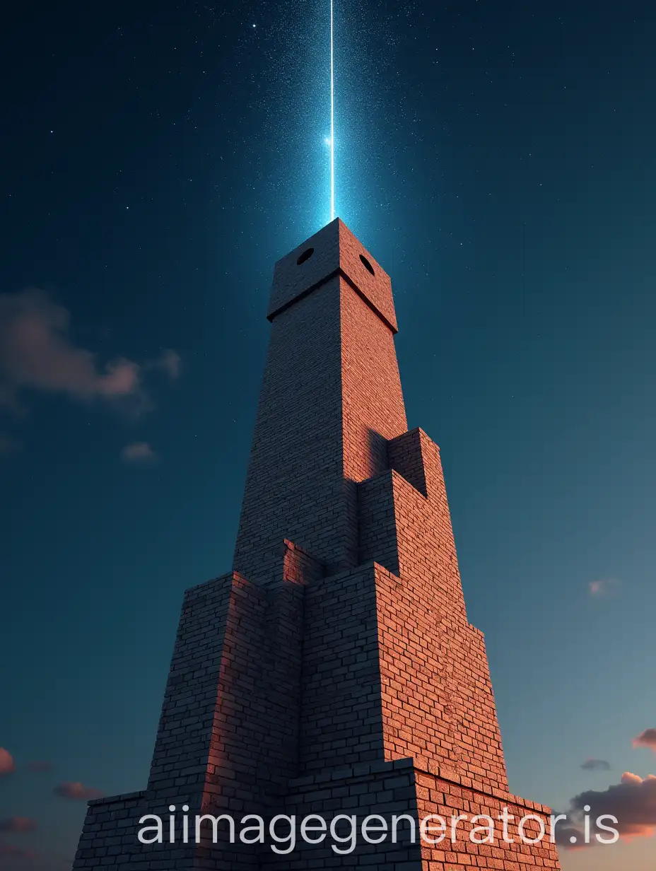 A tall tower made of bricks reaching for the sky, its final destination a shooting star in the sky, the bricks of this wall have steps leading to the shooting star