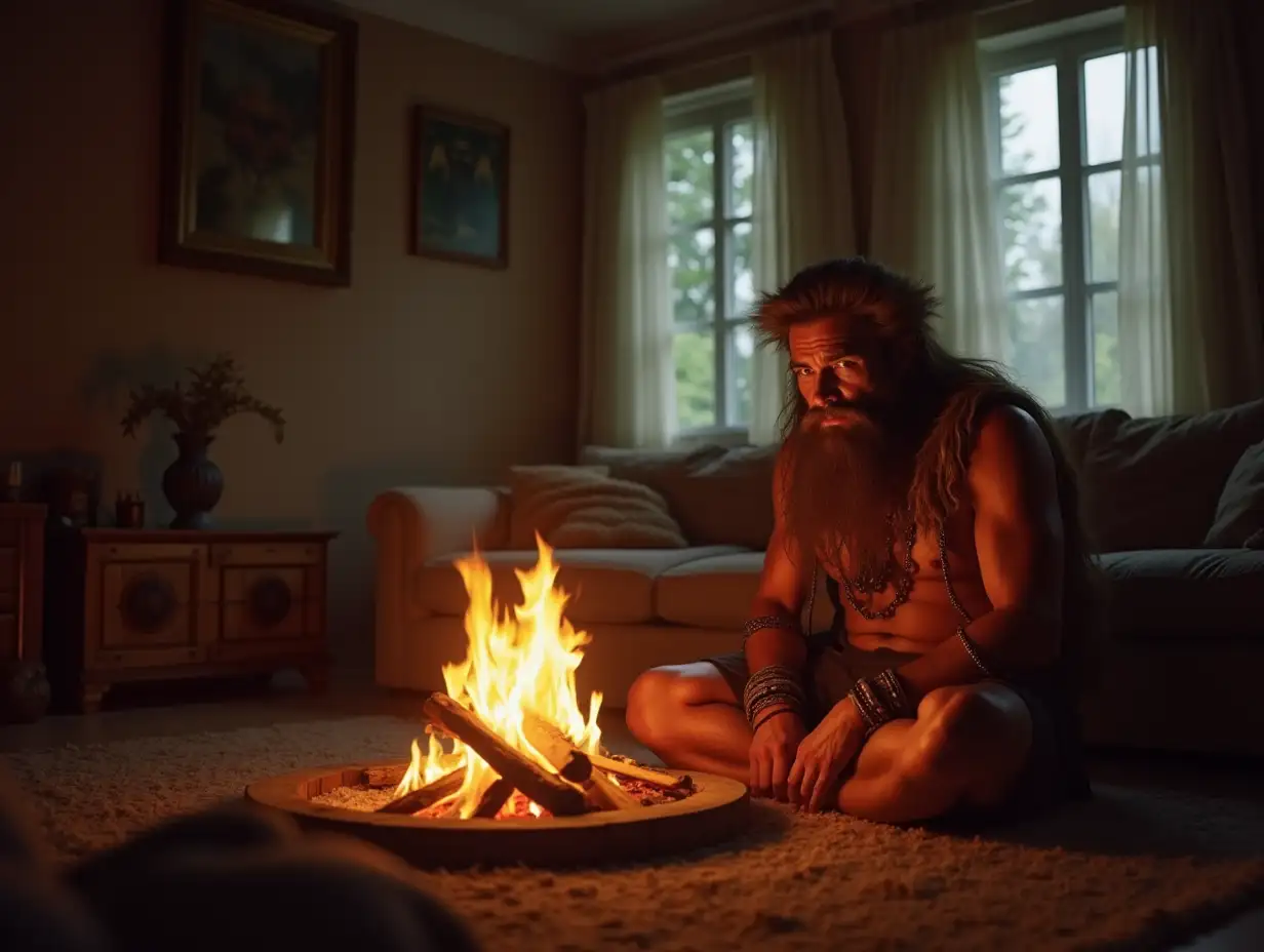 Prehistoric-Man-Sitting-by-Bonfire-in-a-Modern-Apartment