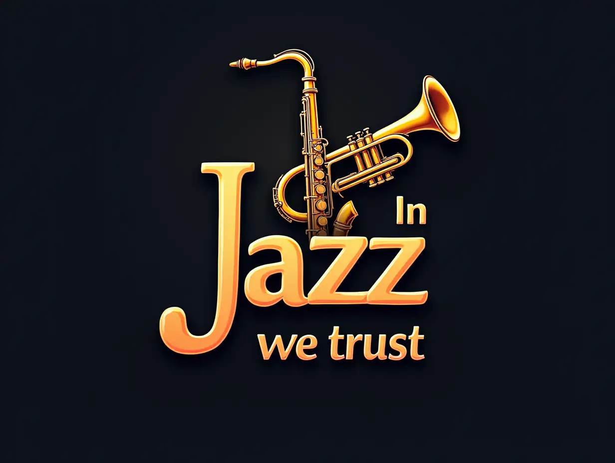 a beautiful, professional 2D logo, the slogan 'In Jazz we trust' is visible, also some Jazz instruments like Saxophone or Trumpet