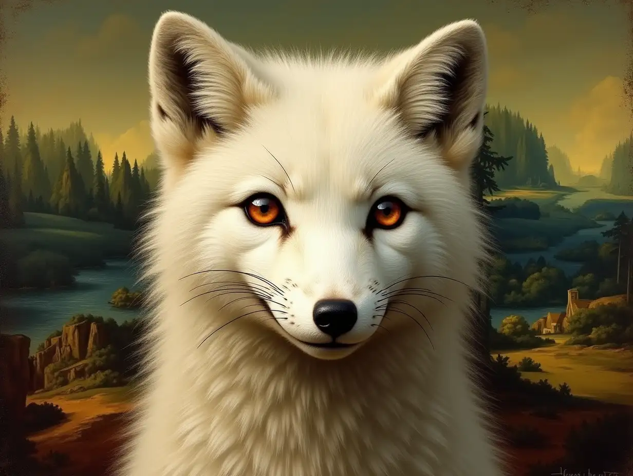 a Leonardo da Vinci 'Mona Lisa' in the form of a smiling white polar fox.