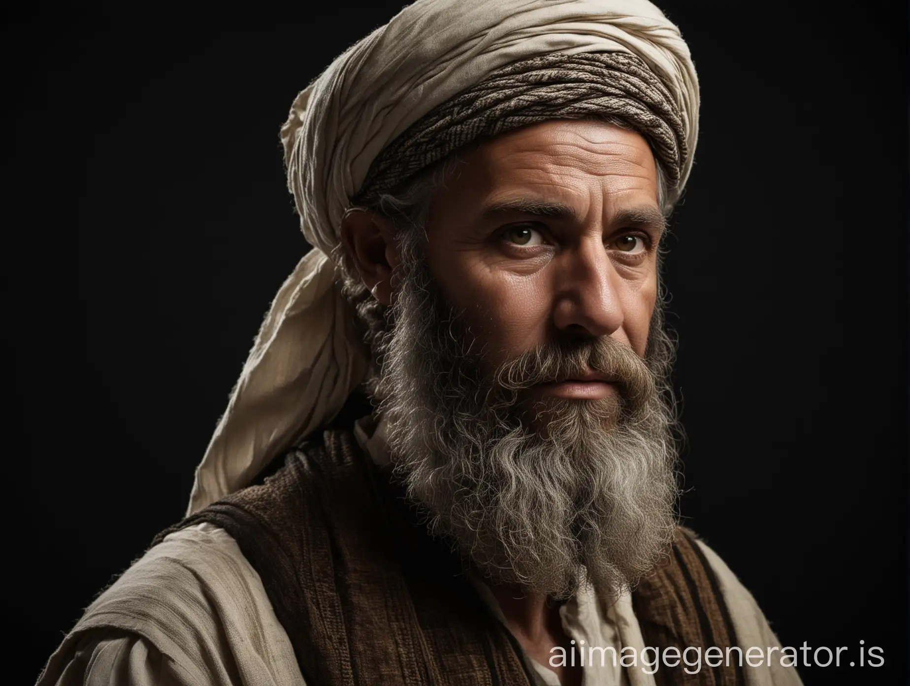 A middle-aged, short bearded Israelite prophet. Black background.